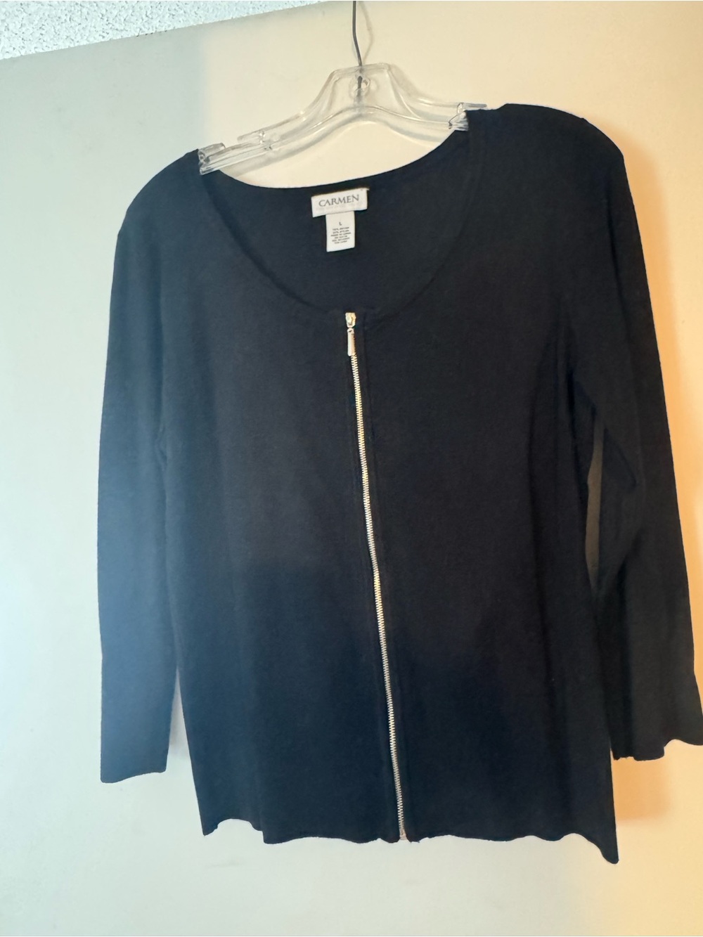 Carmen Marc Valvo Black Zip-Front Long Sleeve Top